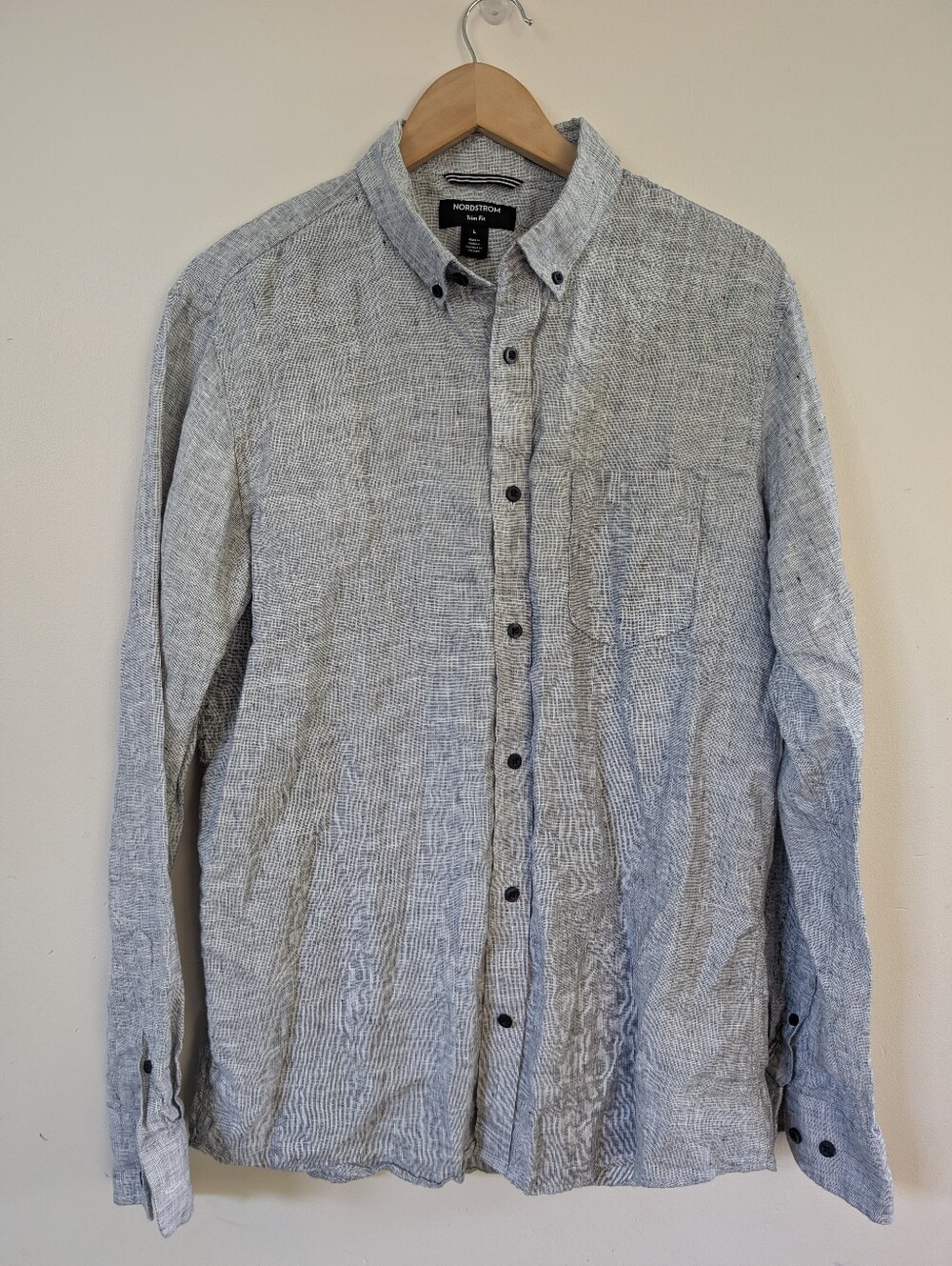 Nordstrom 100% Linen Men's Light Blue Gray Trim Fit Button-Down Shirt L Large